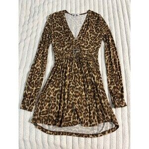 VINTAGE Vertigo Paris Sexy Cheetah Print Long Sleeve V-Neck Dress Womens Small